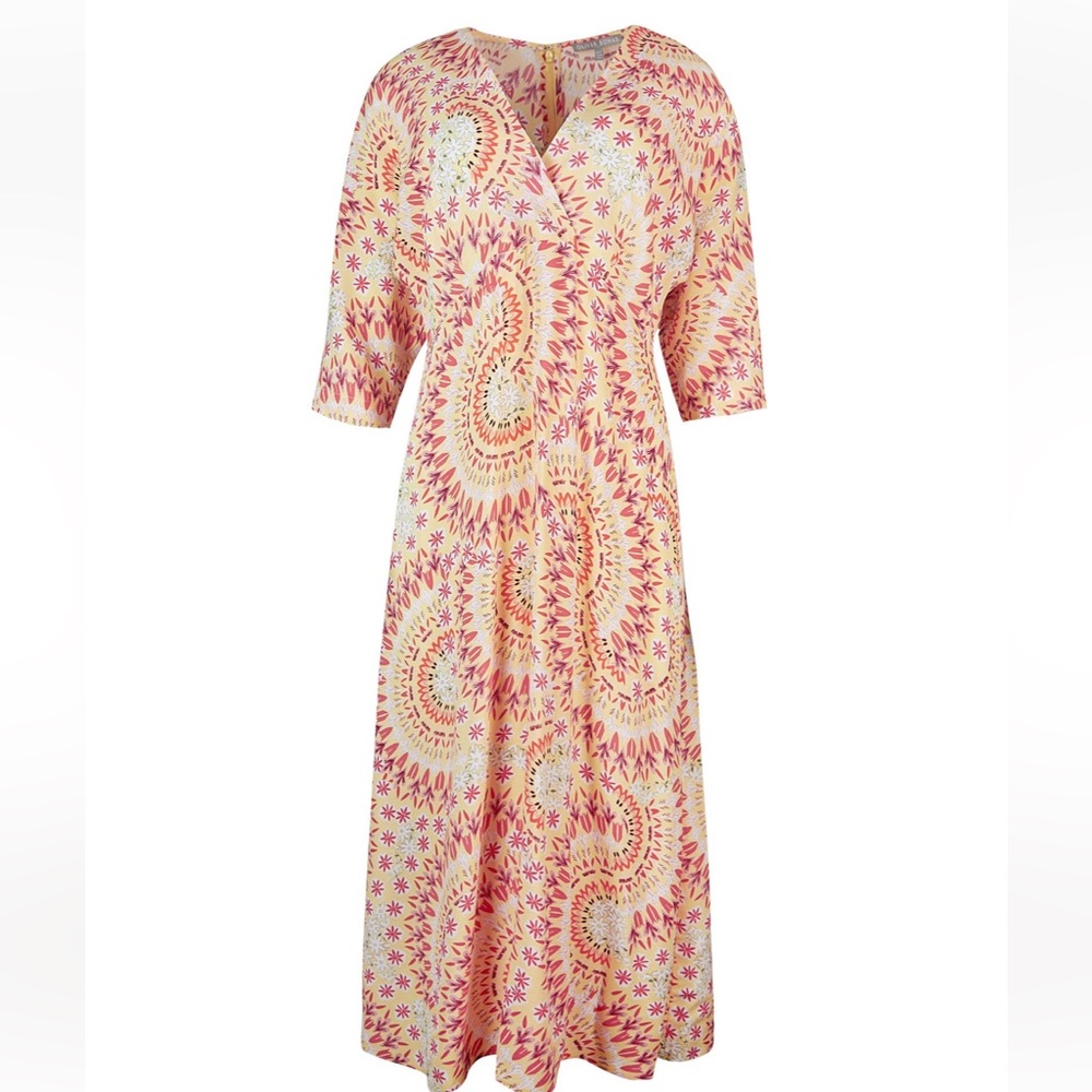 Oliver Bonas Mixed Geometric Floral Daisy Print Yellow Midi Dress. Us size 14
